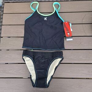 TYR Women's Hibiscus Highback Tankini Swimsuit Black W/flower SZ  S New